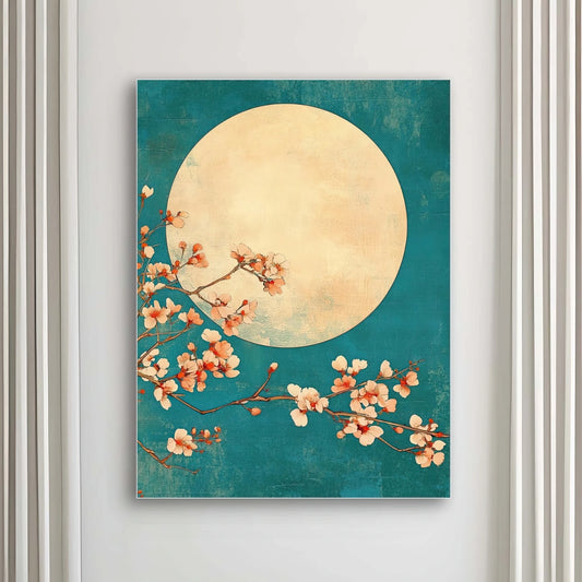 Detail van kunstwerk met perzikkleurige bloesems en grote volle maan tegen een turquoise nachthemel