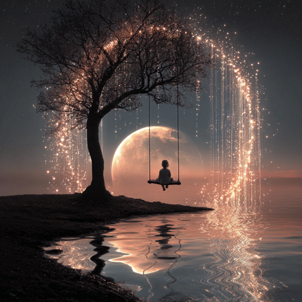 Dromerig wandkunstwerk met boom, maan en glinsterend licht weerspiegeld in het water