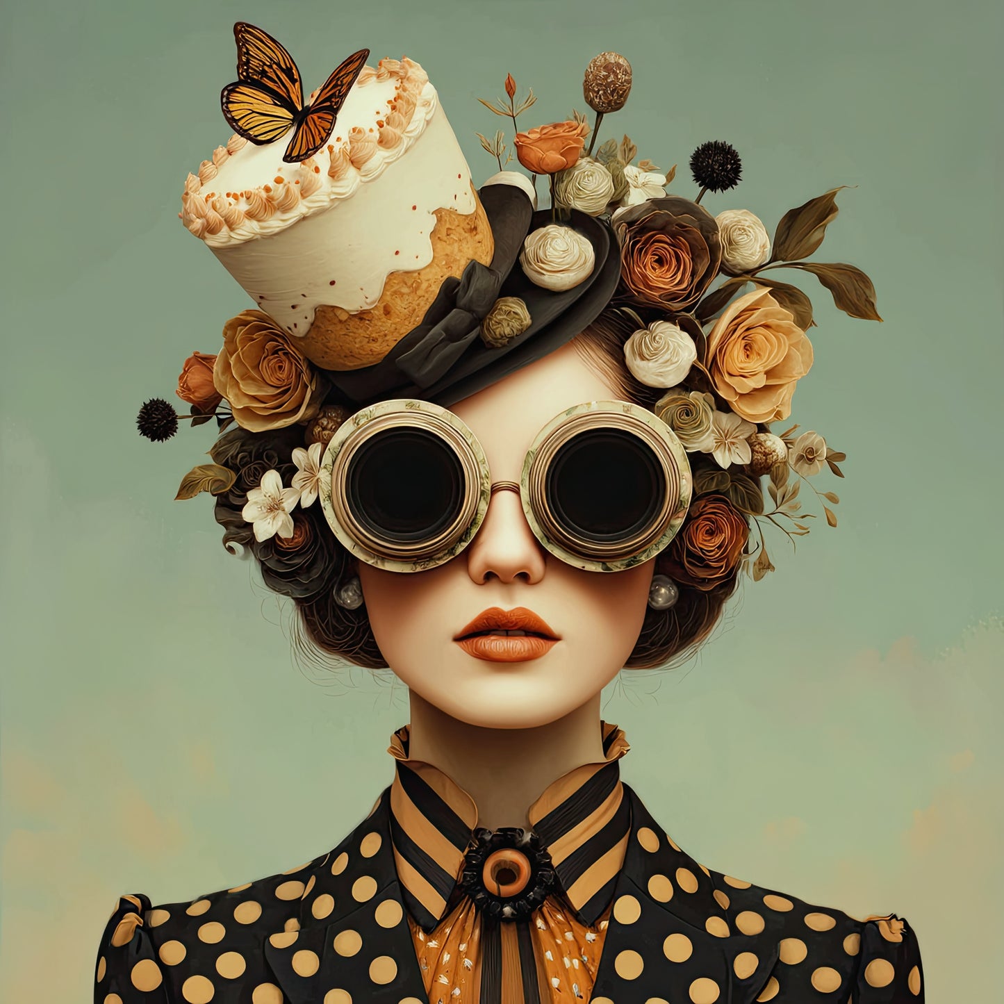 Volledige weergave van Madame Gâteau, vrouw met bril, bloemenhoed en taartje in fantasierijke stijl