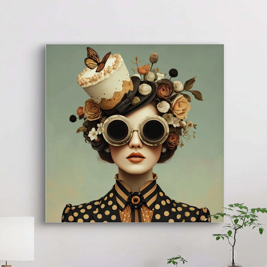 Detail van het gezicht en de zonnebril met reflectie, bloemen en taartje uit het kunstwerk Madame Gâteau