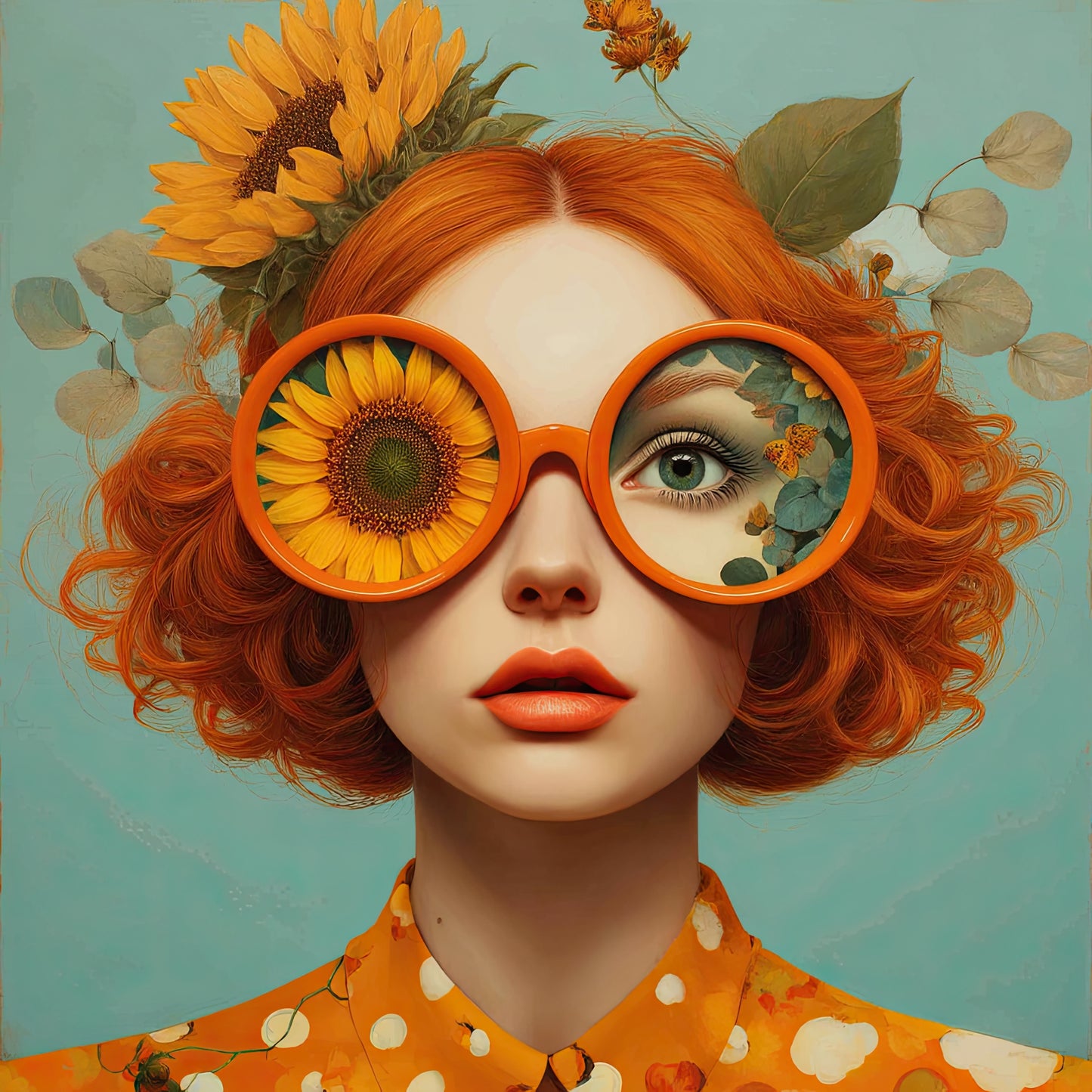 Volledige weergave van Madame Soleil, vrouw met rood haar en ronde bril met zonnebloemen en lucht