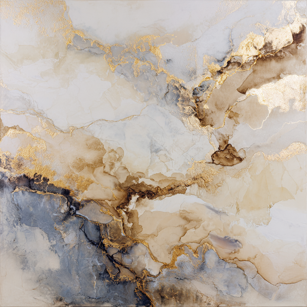 Volledige weergave van abstract kunstwerk Marmeren Dageraad met natuurlijke patronen in beige en blauw