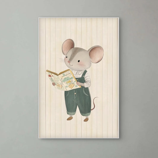 Detailweergave van een muisje in groene tuinbroek dat met een glimlach een prentenboek bekijkt, getekend tegen een crèmekleurige achtergrond met streepjes.