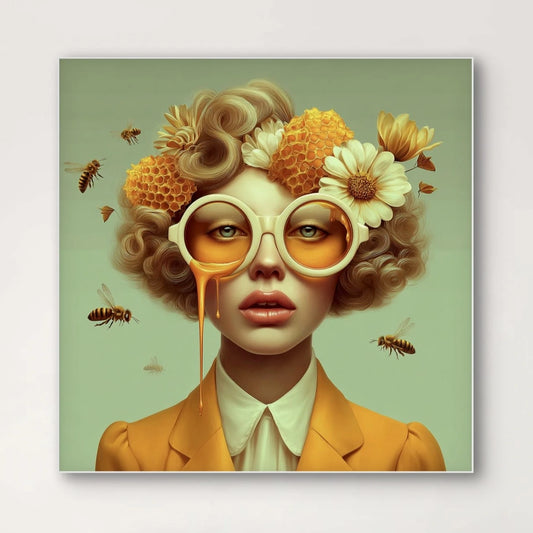 Detail van Meliora wandkunst met honing, bloemen en bijen in zachte penseelstructuren