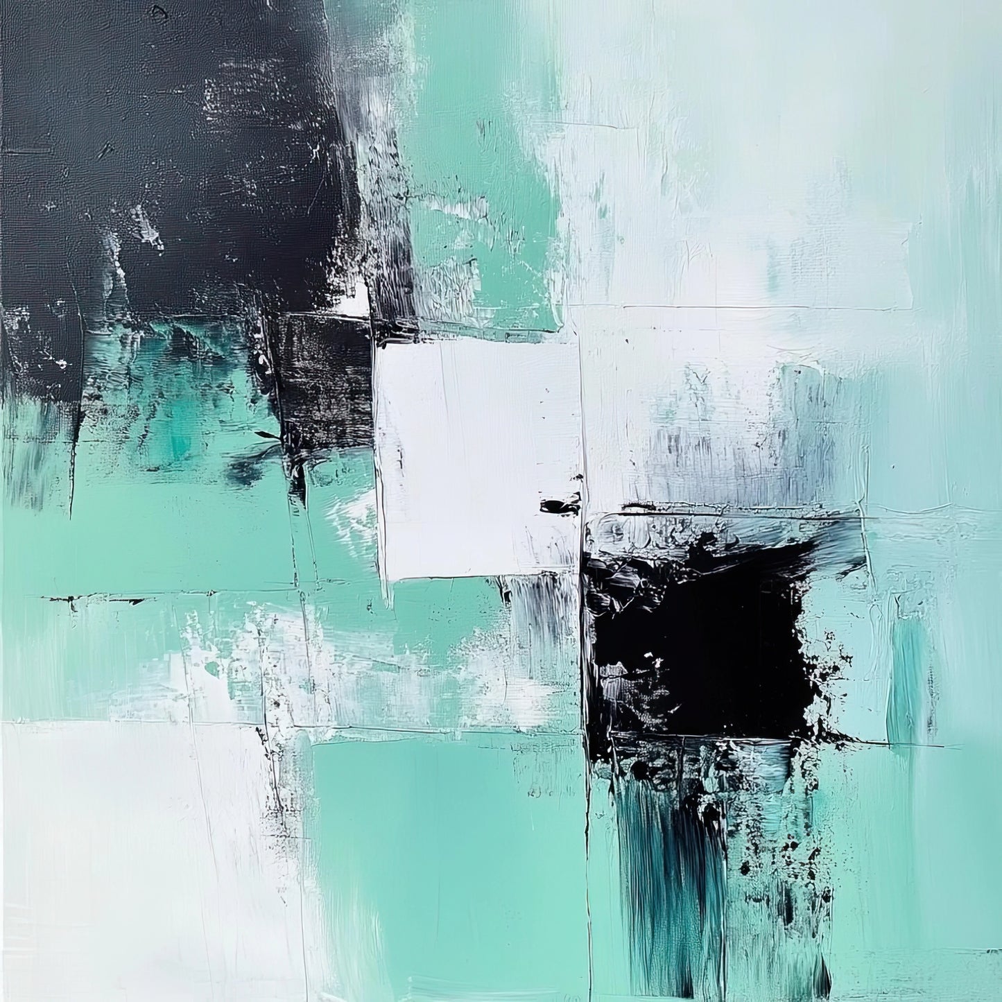 Vierkant abstract kunstwerk met mintgroene, zwarte en witte vlakken in moderne stijl