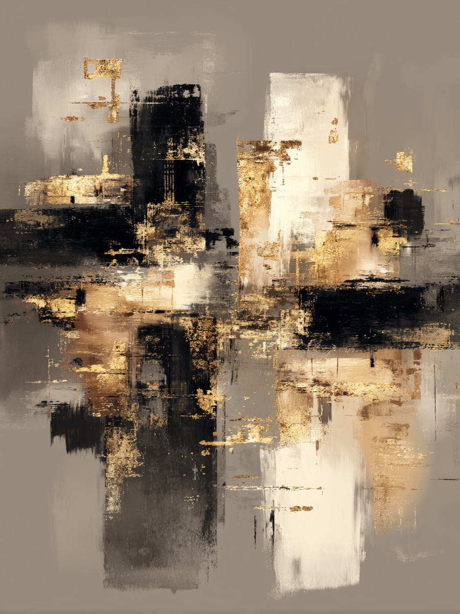 Abstracte compositie in goud, beige en zwart met elegante balans en diepte