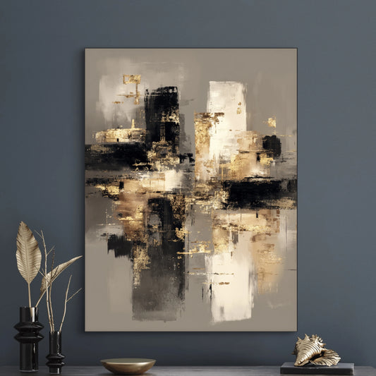 Detail van penseelstructuur in goud en zwart op abstract schilderij