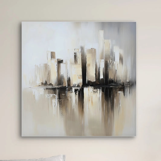 Detail van abstracte skyline met verticale penseelstreken in beige, grijs en zwart