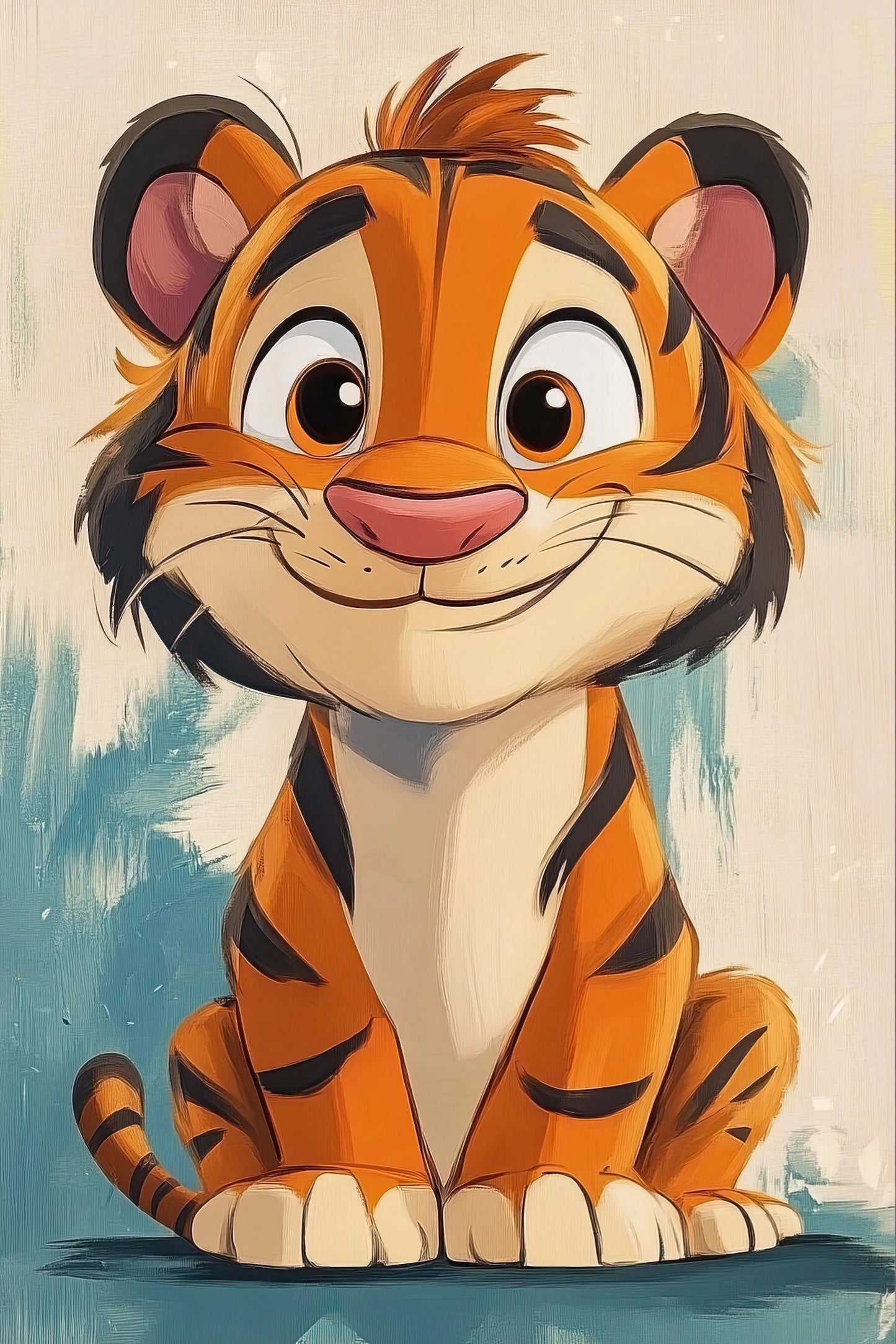 Volledige illustratie van een vrolijke tijger in speelse stijl, met brede glimlach en opgewekte uitstraling, op een turquoise achtergrond.