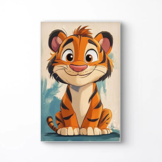 Detailweergave van een cartoonachtige tijger met grote ogen, oranje vacht en zwarte strepen, zittend tegen een blauwe penseelstreek-achtergrond.