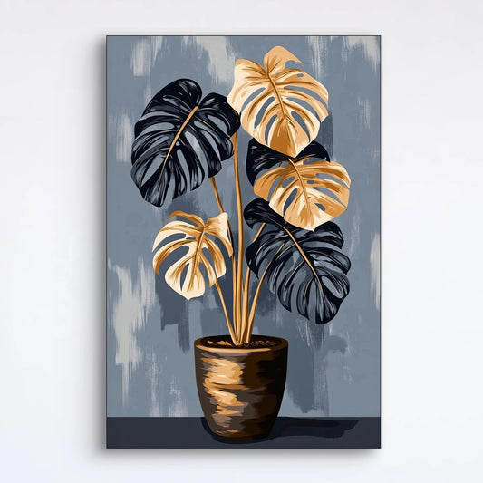 Detail van Monstera Noir met zwart en goudgele bladeren tegen grijze achtergrond