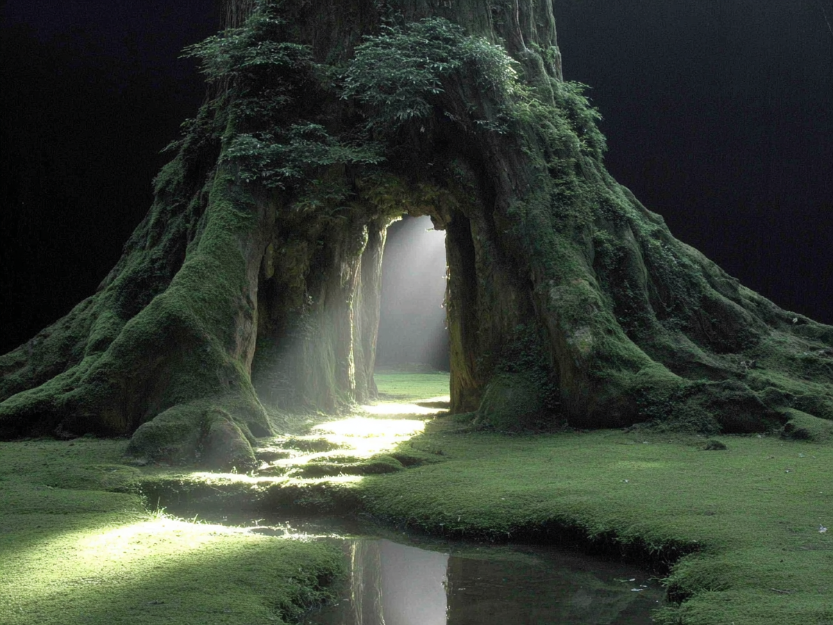 Boskunstwerk met oude boom, mos en lichtinval in zachte groene tinten