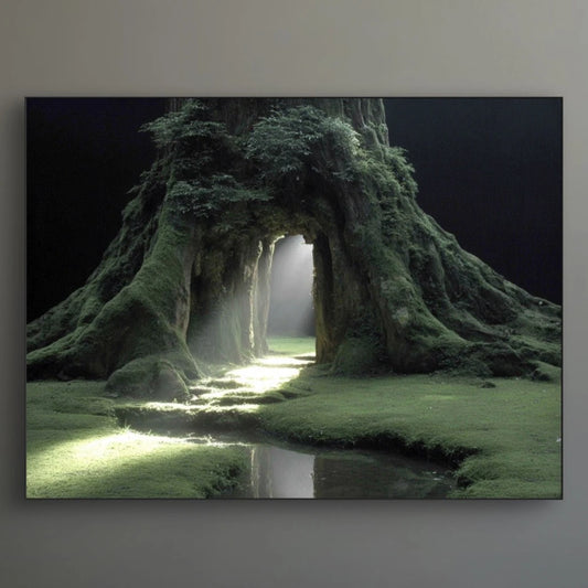 Detail van kunstwerk met mosgroene boom en licht dat door een opening valt