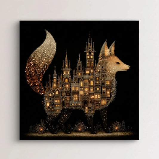 Detailopname van Nachtburcht met vos en kasteel vol gouden lichtjes