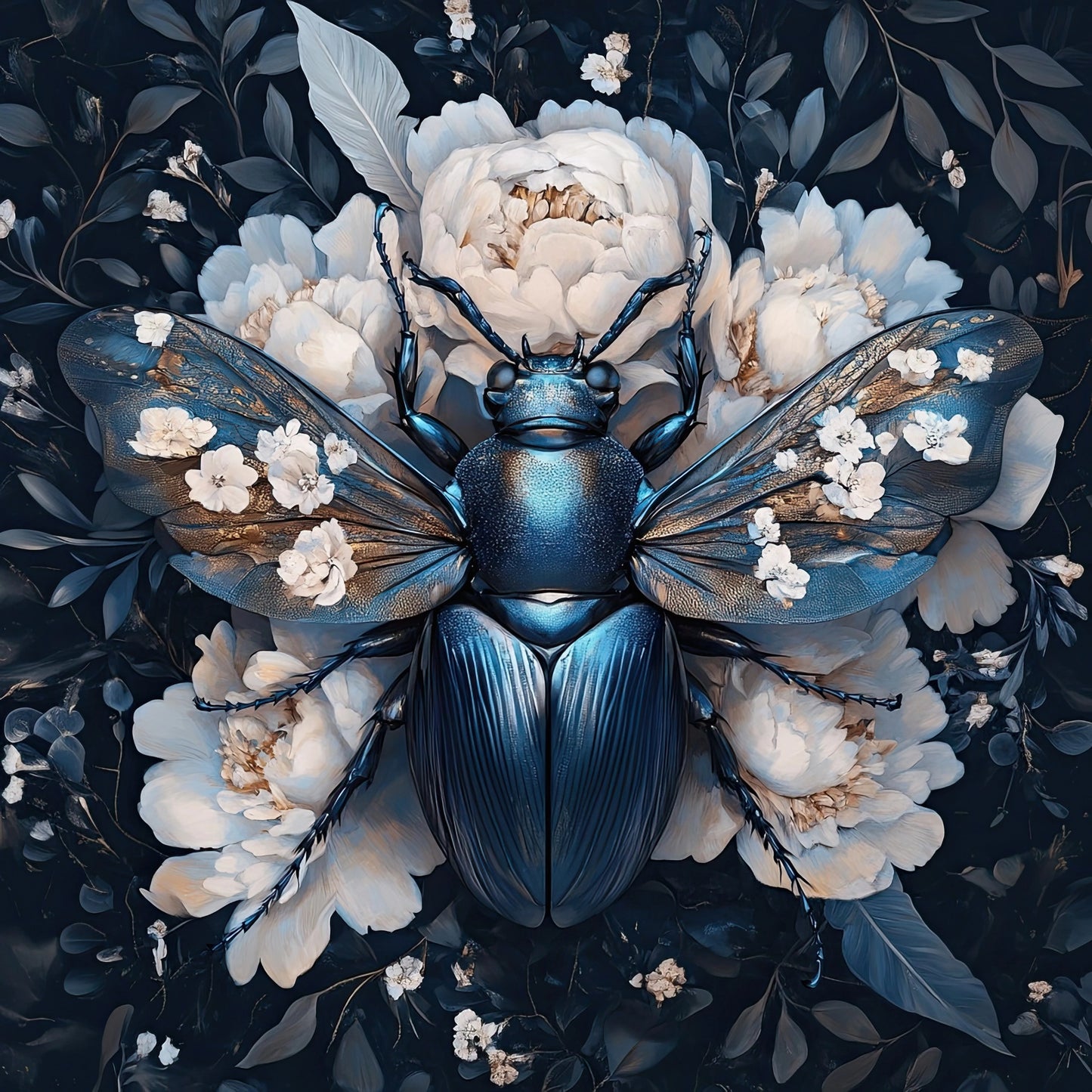 Kunstwerk van kever met uitgespreide vleugels tussen witte bloemen en diepblauwe bladeren