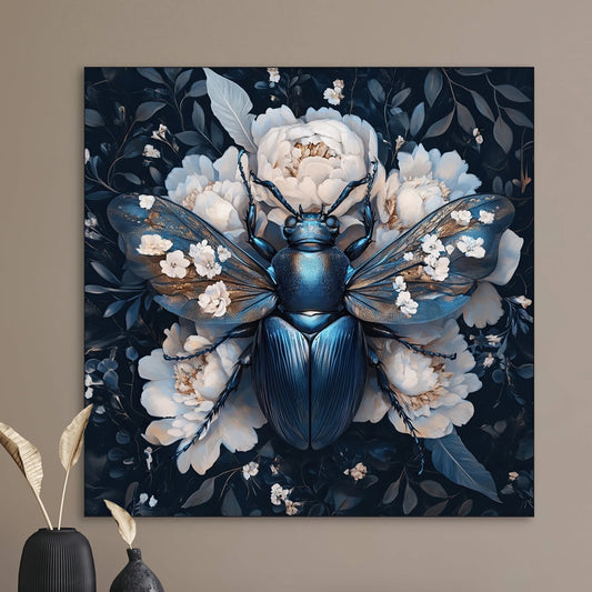 Close-up van blauwe kevervleugels met bloemen en reflecterende textuur op donkere achtergrond