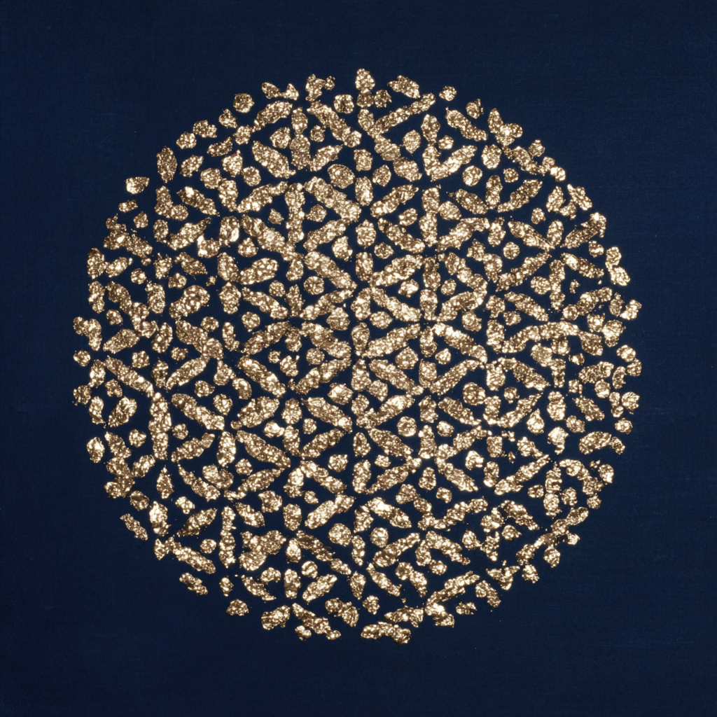 Abstract kunstwerk Nachtraster met geometrisch patroon van goud op een diepblauwe achtergrond.