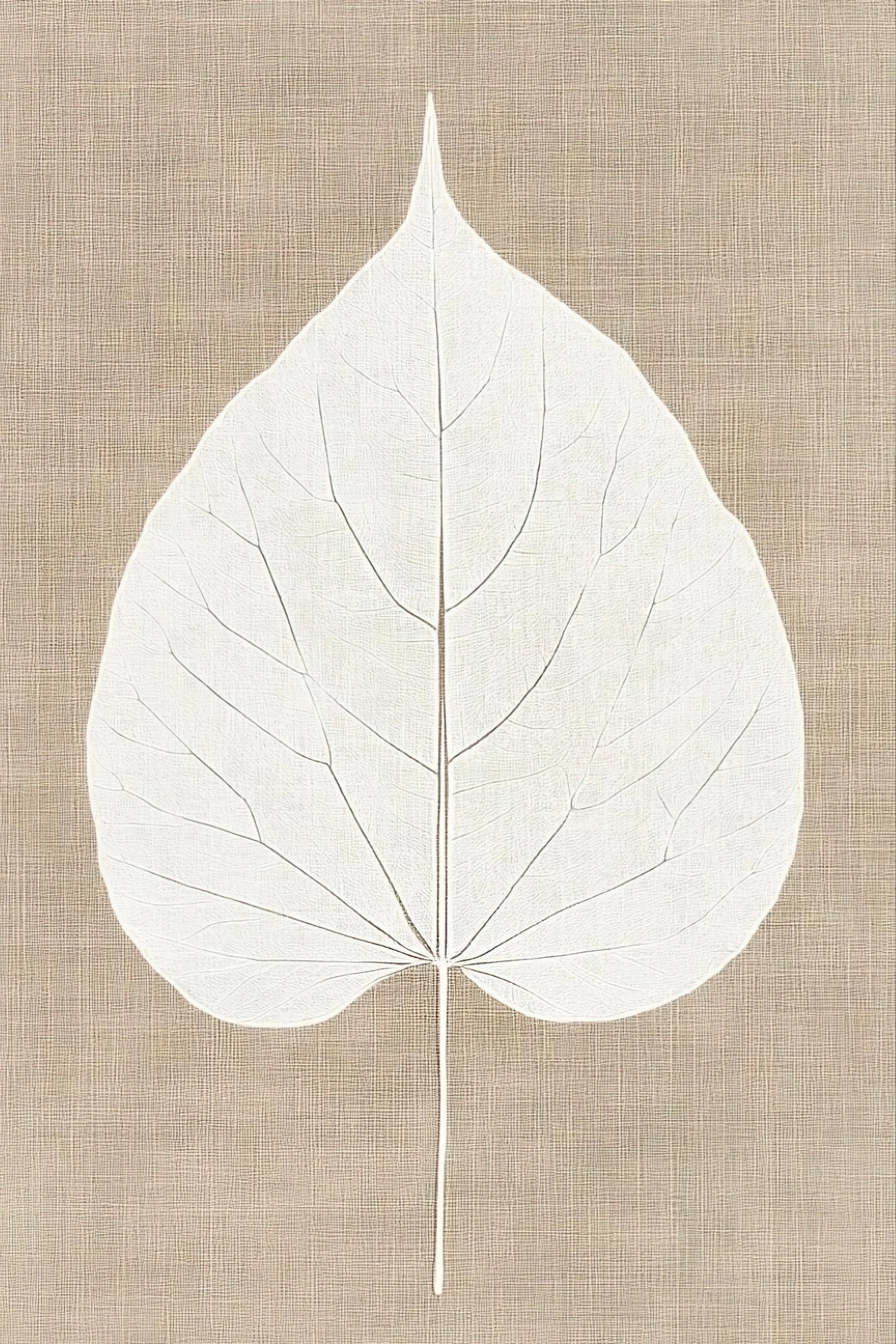 Volledige illustratie van een wit blad op een linnenstructuur in zachte aardetinten, minimalistisch en organisch vormgegeven