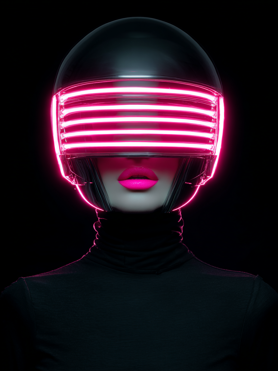 Volledige weergave van Neonhart met vrouw in zwarte col en neonroze helm
