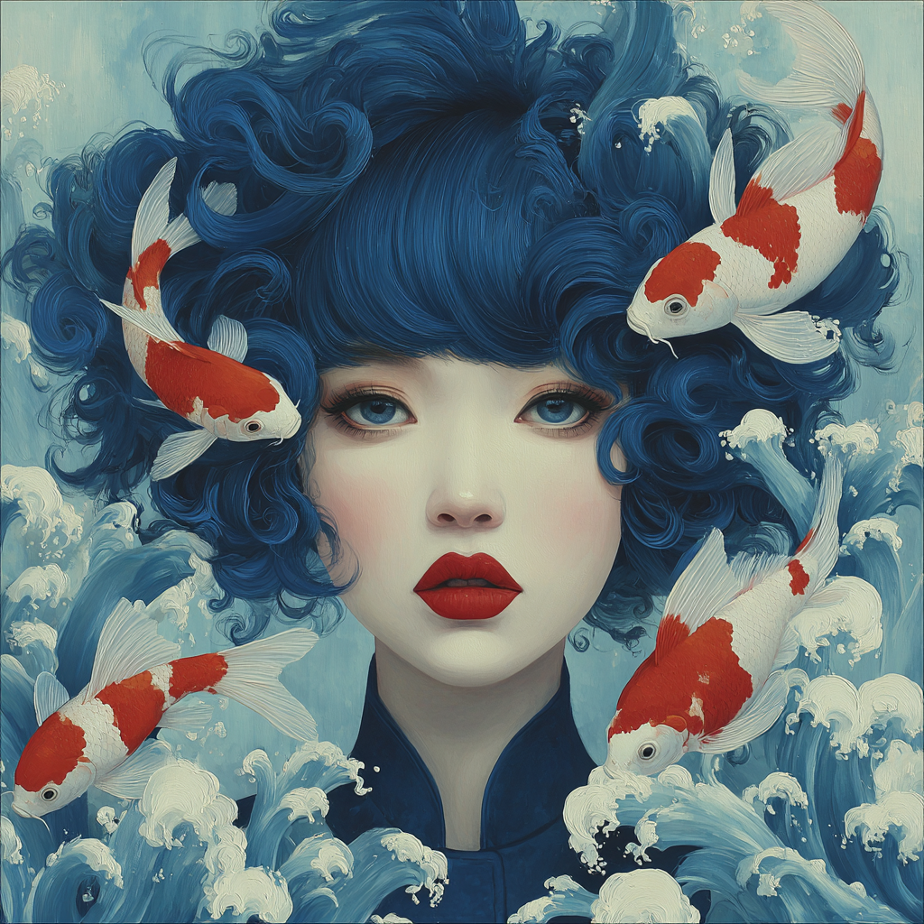 Volledige weergave van Nerumi, portretkunst met water en koi symboliek