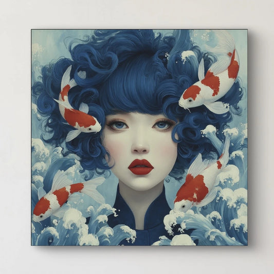 Detail van Nerumi met levendige koi vissen en zachte penseelstructuren