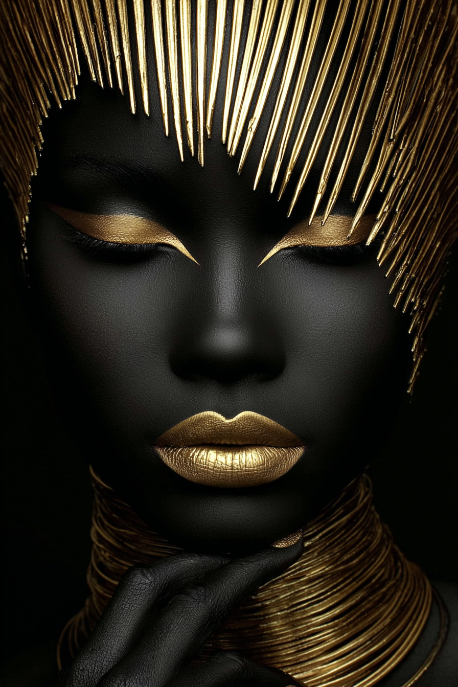 Volledige weergave van Noctura, elegant portret met goudaccenten en donkere achtergrond