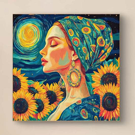 Detail van Nocturnal Bloom met vrouw in profiel, zonnebloemen, pauwensjaal en maanlicht