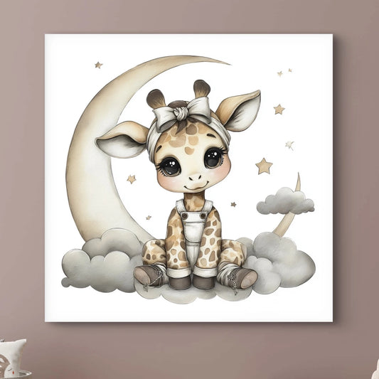 Detailweergave van een schattig girafje met grote ogen, strik in het haar en witte tuinbroek, zittend op grijze wolken onder een maansikkel.