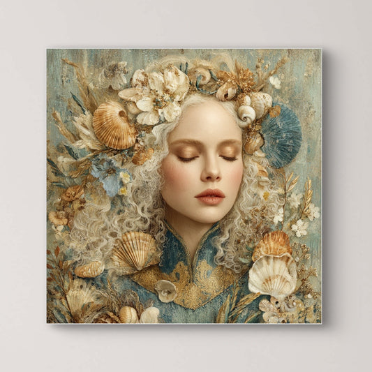 Detail van Oceane met vrouw omringd door schelpen, bloemen en zeetinten