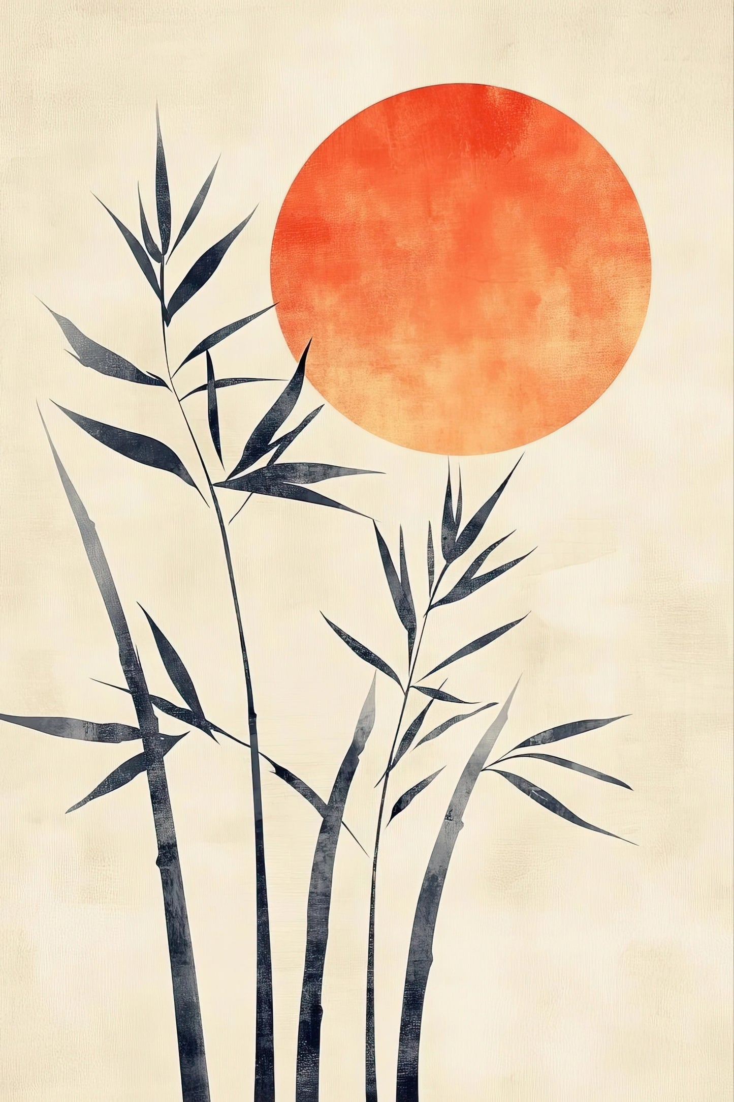 Kunstwerk met minimalistische bamboe en zon in Japanse stijl met rustige uitstraling