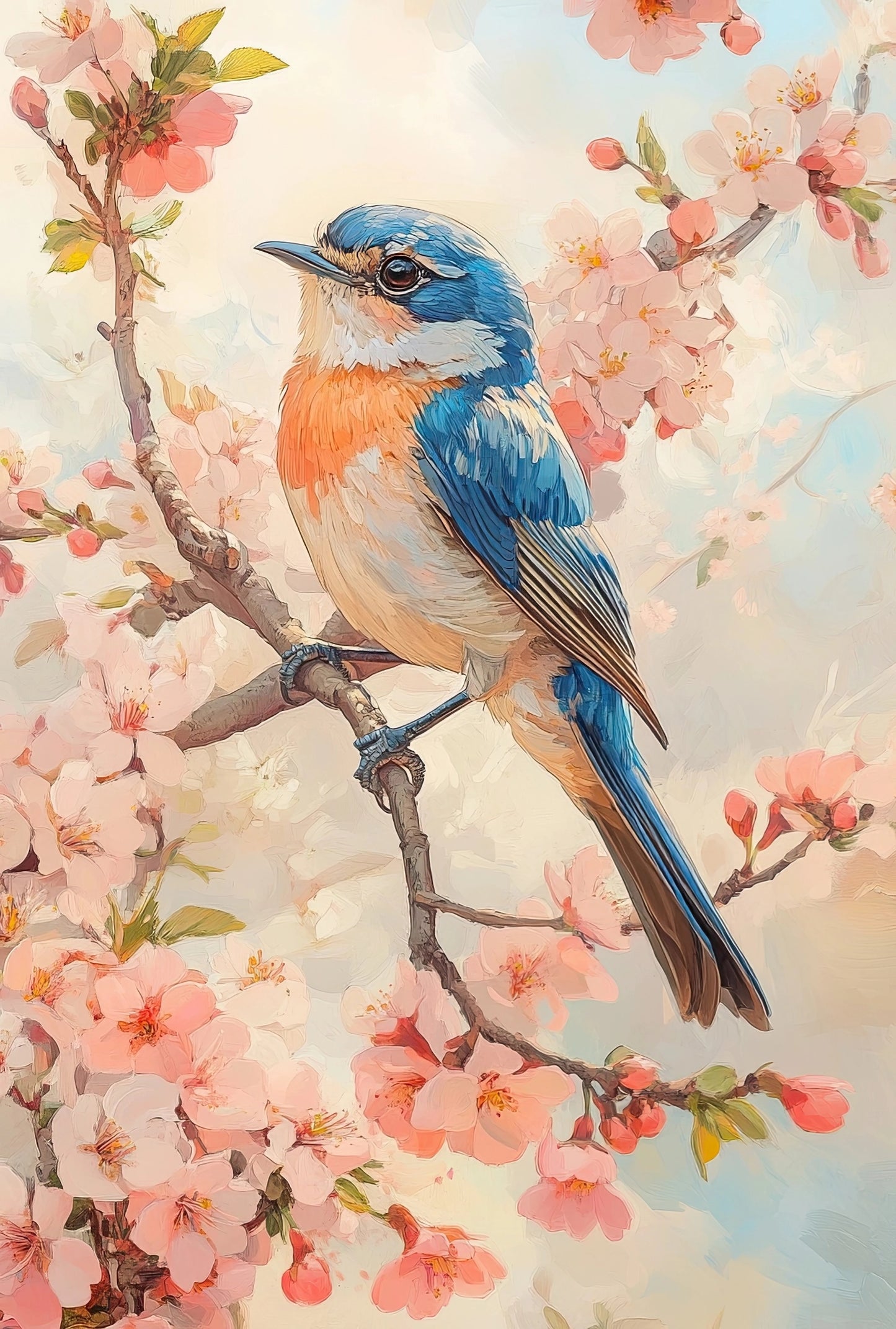 Kunstwerk van vogeltje in bloeiende lentetakken met luchtige kleuren en dromerige sfeer