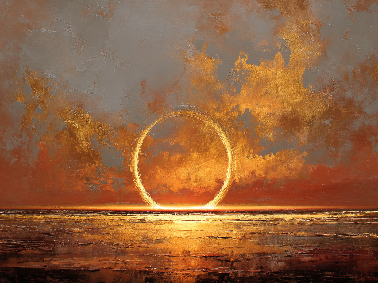 Abstracte compositie in goud, oranje en bruin met warme gloed en horizonreflectie