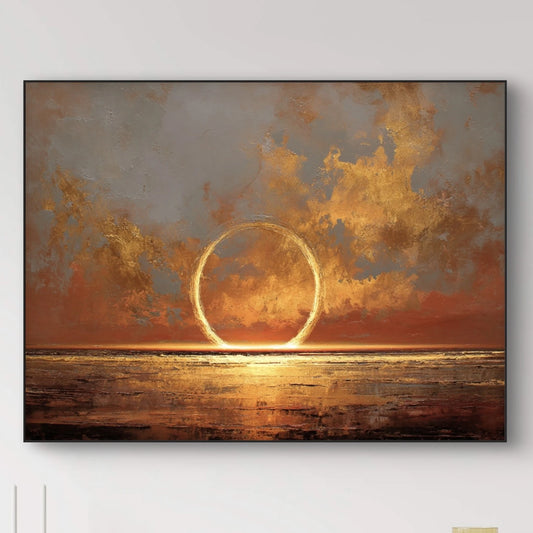 Detail van gouden en koperkleurige penseelstreken met zachte lichtreflectie