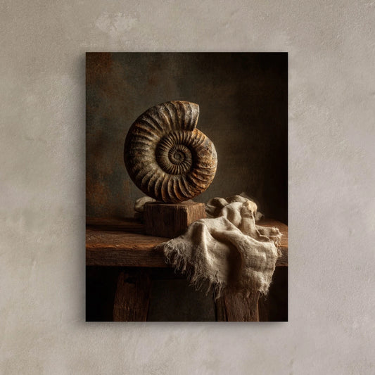 Detail van Oertijd, kunstwerk met fossiele spiraal en zachte schaduwen