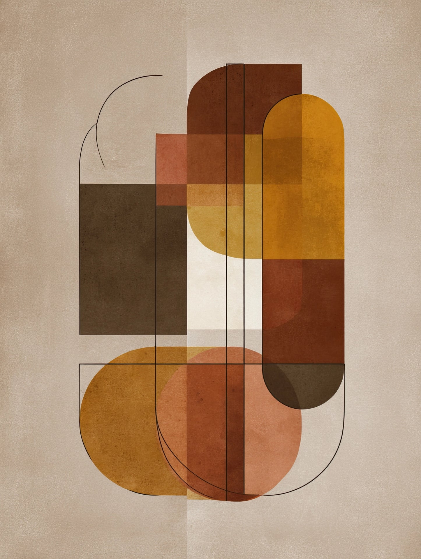 Volledige illustratie van het kunstwerk “Okerdroom” met abstracte overlapping van vormen in warme aardetinten en zachte geometrie