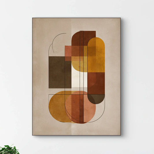 Detail van abstracte vormen in warme kleuren zoals oker, roest, terracotta en bruin op een neutrale achtergrond