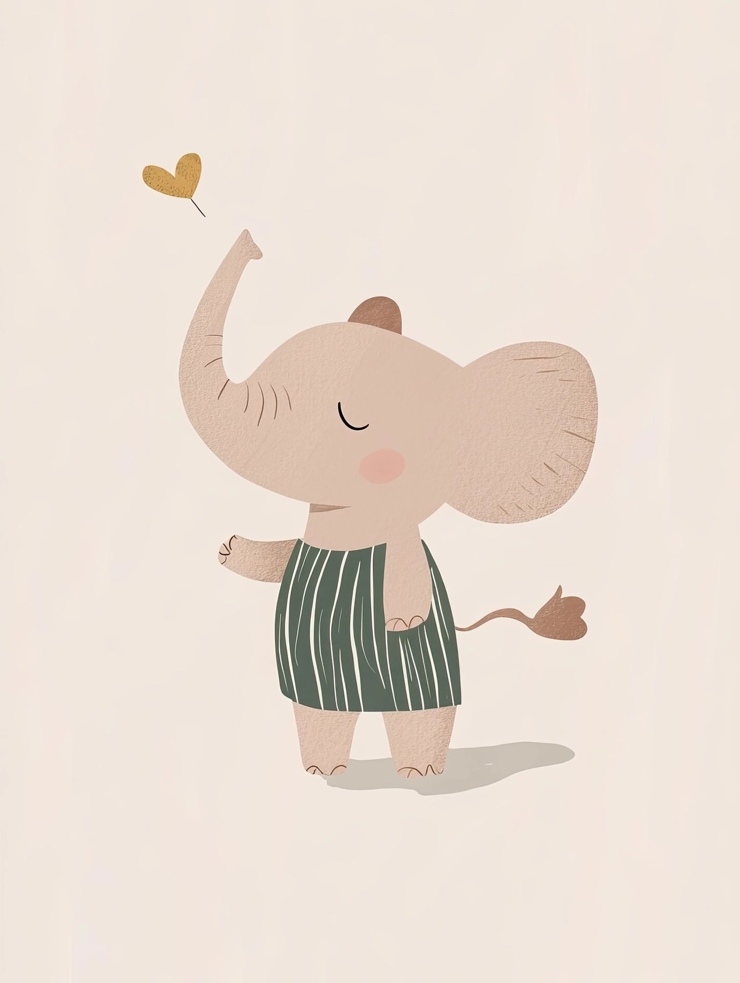 Volledige illustratie van een vrolijk olifantje in groen-wit gestreepte outfit, met een hartje boven zijn slurf op een crèmekleurige achtergrond.