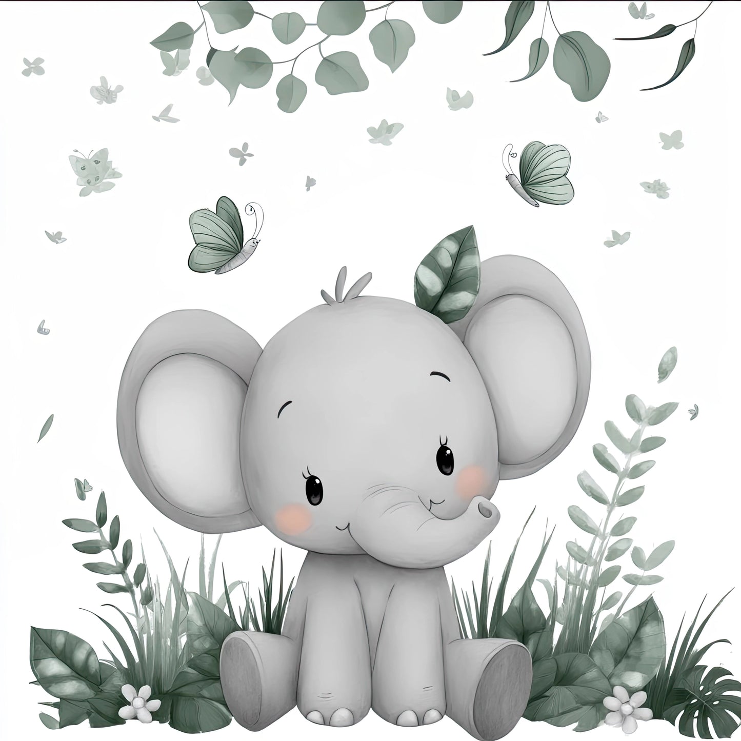 Schilderij van een grijs baby-olifantje zittend tussen bladeren en vlinders, op een witte achtergrond
