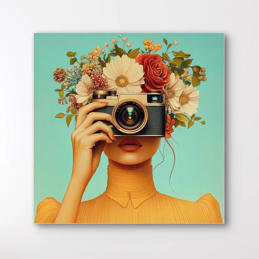 Detail van Oogst van het Moment met vrouw in okergeel die een camera vasthoudt en bloemenkroon draagt