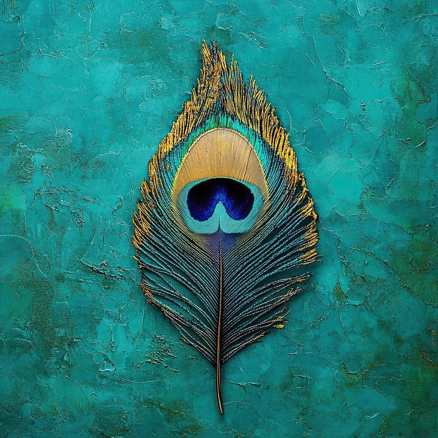 Volledige weergave van het kunstwerk “Oog van de Parel” met pauwenveer op groenblauwe achtergrond