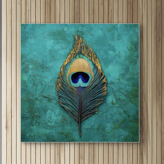 Detail van pauwenveer in het kunstwerk “Oog van de Parel” met gouden accenten en turquoise achtergrond