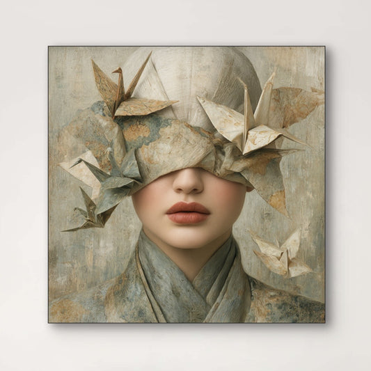 Detail van Origami Soul met vrouw en papieren origami vogels in neutrale tinten