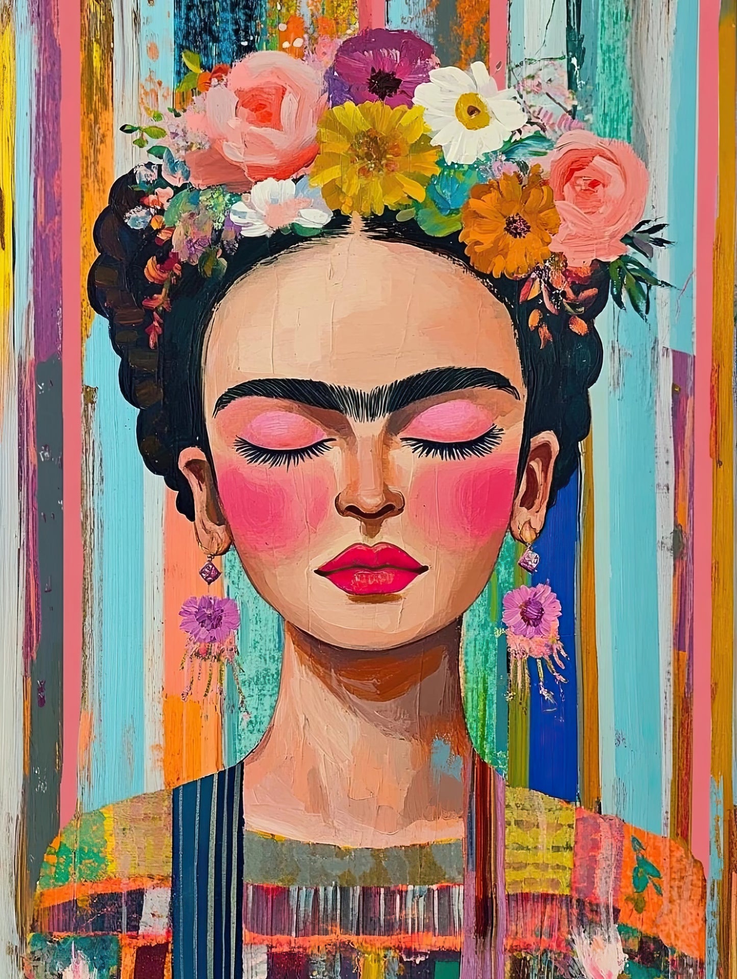 Volledige weergave van Painted Reverie – vrouw met bloemen in het haar op kleurrijke verticale achtergrond