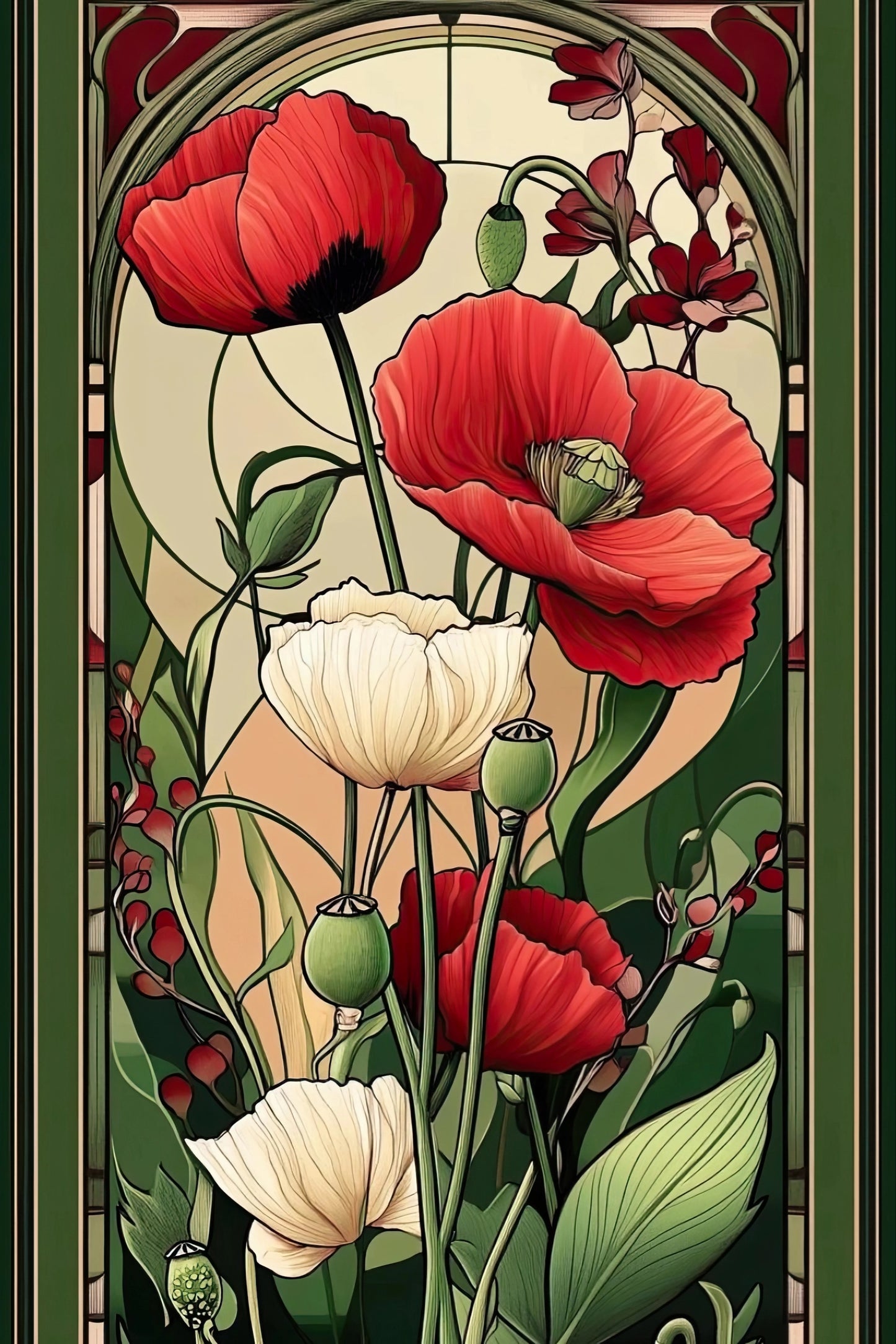 Volledige weergave van het kunstwerk “Papaverglas” met papavers in art nouveau stijl