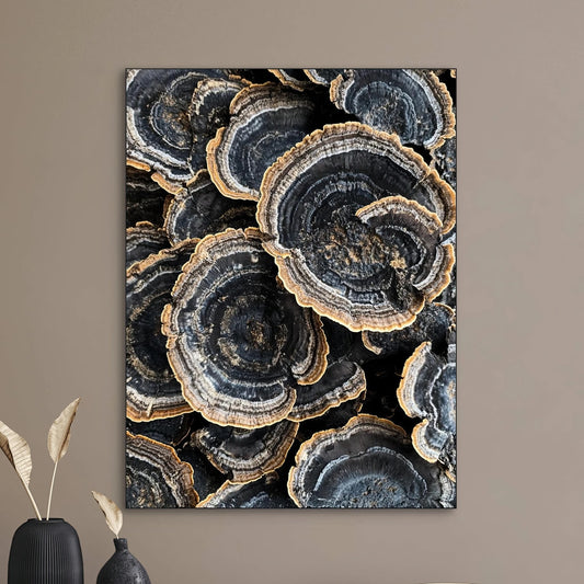 Detail van kunstwerk met organische ringen in aardse blauwtinten en goudranden, geïnspireerd op natuurstructuren