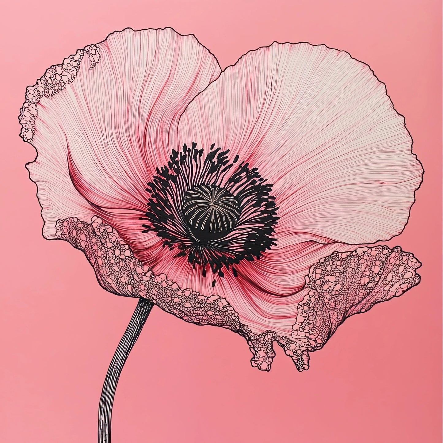 Volledige illustratie van een papaverbloem in zwart-wit lijntekening op een levendige roze achtergrond in vierkante compositie