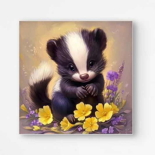 Detail van een jong stinkdier met grote ogen in een veld met boterbloemen en lavendel