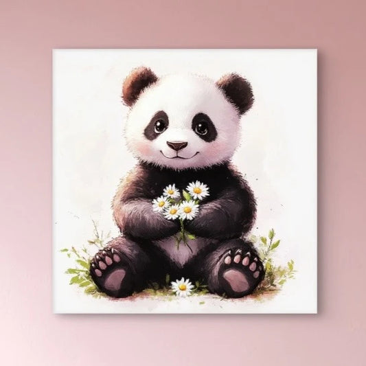 Detail van een schattige panda met grote ogen en madeliefjes in haar pootjes