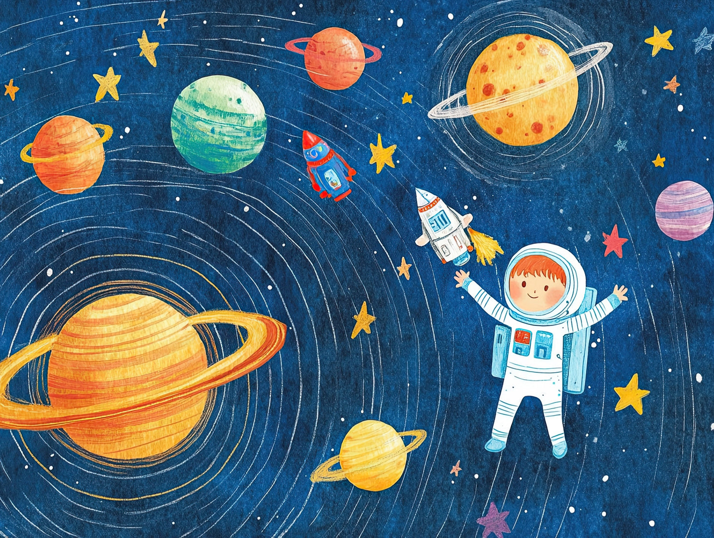 Illustratie van een astronaut, raket en planeten zoals Saturnus, Mars en Jupiter op een blauwe achtergrond met sterren