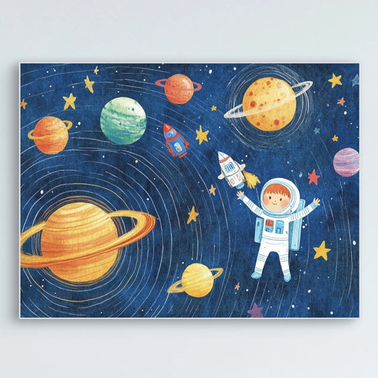 Detail van een kinderlijke astronaut met raket en sterren op een diepblauwe ruimte-achtergrond